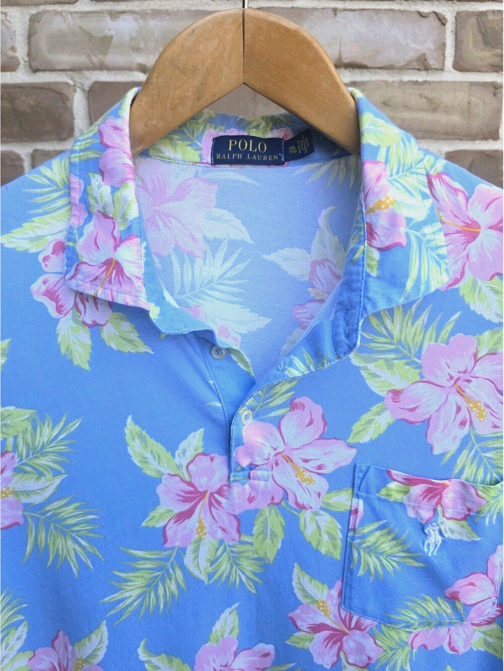 Polo Ralph Lauren XXL Tropical Hibiscus Floral Polo Shirt Blue Pink Hawaiian